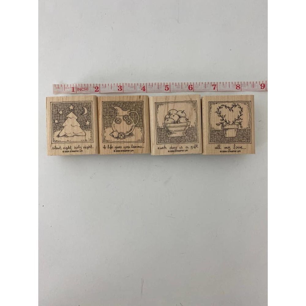 Lot of 4 Wooden Stamps Scrapbooking Crafts - Fruit, Lemonade, Christmas, Heart